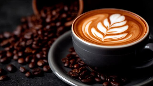 A close-up shot of a beautifully crafted latte art in a cup with coffee beans.