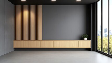 Modern minimalist interior design with wooden wall feature and large windows showcasing a city view