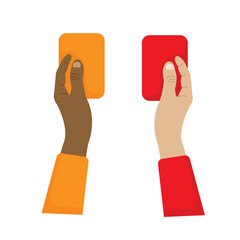 vector hand holding red card and yellow card shown in sports game