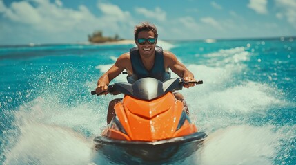 A man is joyfully riding a jet ski through vibrant, turquoise waters under a bright blue sky. The sun shines down as he navigates the waves, showcasing his excitement and adventure