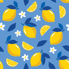 Summer. Lemons. Seamless pattern with lemons on blue background. Fruit kitchen decor vector illustration