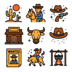 Pixel Art Western Cowboy Icons Set: Desert Landscape, Horseback Riding, Saloon, Cattle, Wanted Poster
