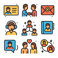 Colorful Communication Icons Set: Networking, Contact, and Social Media Illustrations
