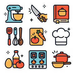 Colorful Flat Design Cooking Utensils and Ingredients Icons