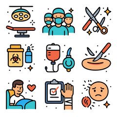 Colorful Medical Icons Set: Surgical Instruments, Patient Care, and Hospital Procedures