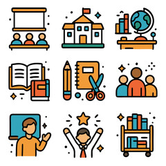 Colorful Education Icons: Students, Teachers, Books and Learning
