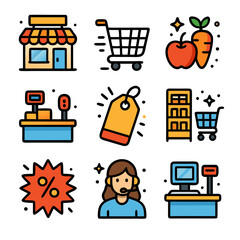 Colorful Grocery Store Icons Set: Shopping, Retail, Customer Service
