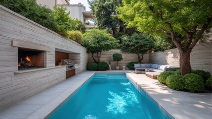 Serene Summer Oasis with Pool and Lush Greenery Perfect for Vacation Lifestyle and Relaxation