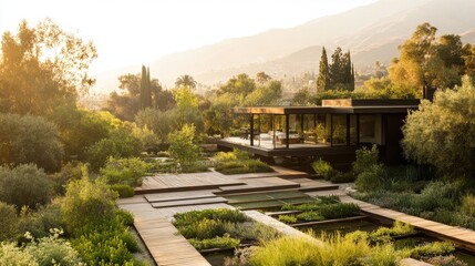 Fototapeta premium Modern home nestled within a meticulously landscaped garden.
