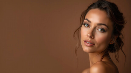 Elegant woman with mocha mousse background, symbolizing warmth and sophistication