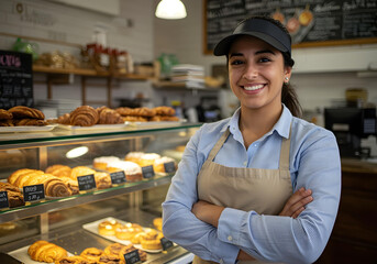 happy bakery owner cafe worker apron bread shelves pastries background portrait
