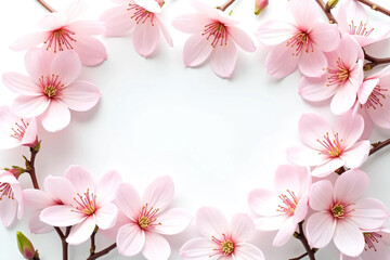 Naklejka premium Flatlay of Cherry Blossom Branches and Scattered Petals on Soft Pastel Background, Capturing the Delicate Beauty, Romantic Mood, and Seasonal Elegance of Spring in a Clean and Minimalist