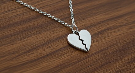 Close Up Photo of Silver Broken Heart Necklace On Wooden Background