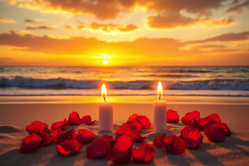 couple of candles sitting on top of a sandy beach