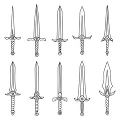 Medieval Swords Outline Set - Fantasy & Weaponry Line Art Vector Icons