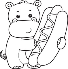 Outline of Cute hippo icon. Lineart of Funny baby hippo animal series stock illustration. life of fluffy hippo designs.