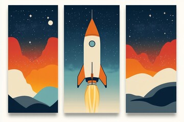 Obraz premium Three paintings of a rocket flying through the sky