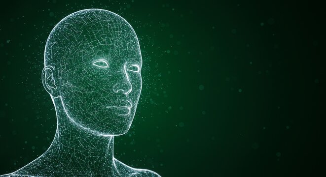 Abstract Digital Human Head with Green Background and AI Technology - Powered by Adobe