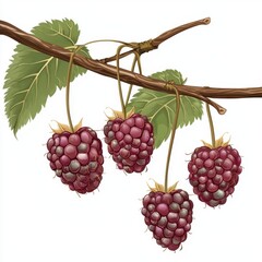 Three Ripe Raspberries on a Branch Detailed Illustration