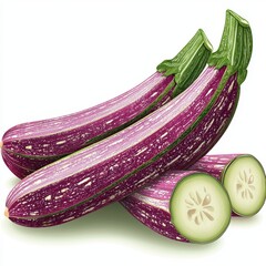 Three Purple Striped Eggplants with Slices on White Background