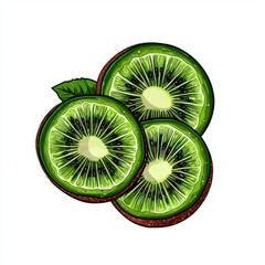 Three Slices of Ripe Green Kiwi Fruit with Leaf on White