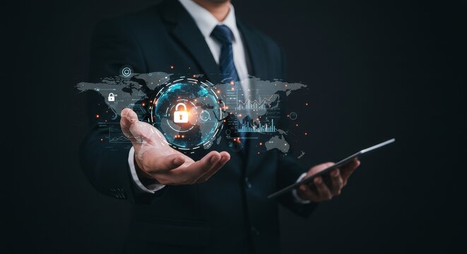 Cybersecurity Lock on Global Map Network Digital Protection Photo