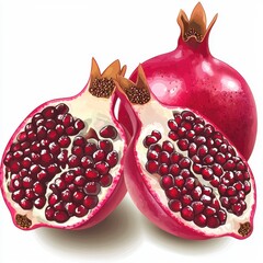Two Red Pomegranates Halved on White Background Detailed Illustration