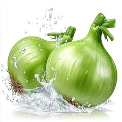 Two Fresh Green Onions in Water Splash on White Background