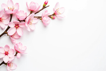 Flatlay of Cherry Blossom Branches and Scattered Petals on Soft Pastel Background, Capturing the Delicate Beauty, Romantic Mood, and Seasonal Elegance of Spring in a Clean and Minimalist