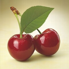 Two Ripe Red Cherries with Green Leaf on Beige Background