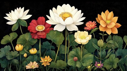 Vibrant Floral Arrangement with White, Red, and Orange Flowers on Dark Background