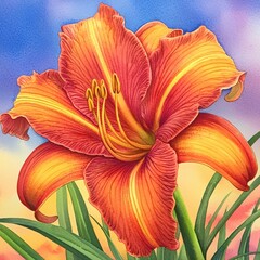 Vibrant Orange Daylily Watercolor Painting Close Up