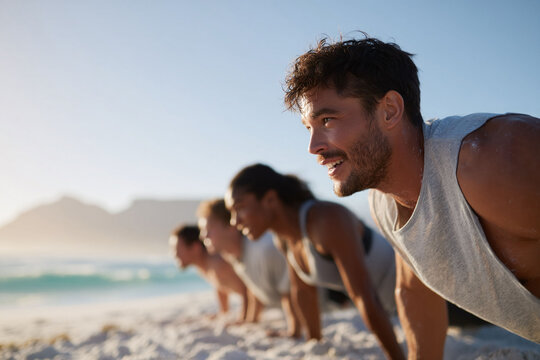 Diverse group exercising on beach doing pushups, focusing on strength  teamwork. Shows healthy lifestyle, determination,  fitness. Ideal for wellness content.