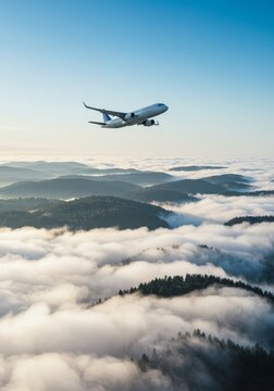 Aerial Photo Airplane Flying Over Mountains White Clouds And Blue Sky