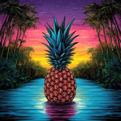 Vibrant Pineapple in Tropical River at Sunset Pixel Art