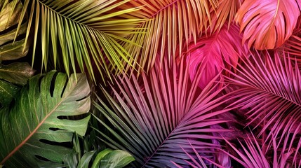 Vibrant Pink Gold Green Tropical Leaves Dark Background Glittery Texture