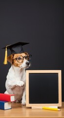 Dog Graduation Day With Blackboard Glasses and Academic Cap Pet