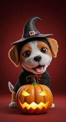 Dog Wearing Witch Hat with Pumpkin Halloween Costume Portrait Illustration