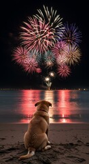 Dog Watching Fireworks Display Reflection On Water At Night Scene Photo