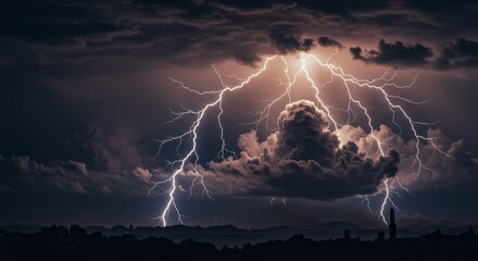 Dramatic Photo Dark Lightning Storm over City Skyline at Night
