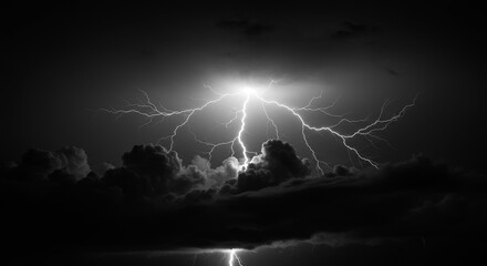 Dramatic Night Sky Lightning Storm Cloudscape in Grayscale Photo