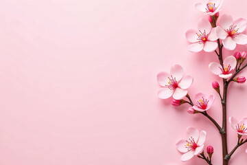 Fototapeta premium Flatlay of Cherry Blossom Branches and Scattered Petals on Soft Pastel Background, Capturing the Delicate Beauty, Romantic Mood, and Seasonal Elegance of Spring in a Clean and Minimalist