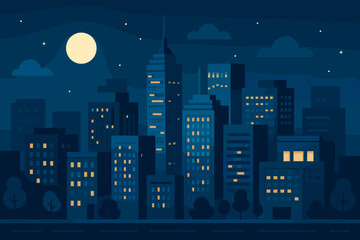 Night cityscape vector illustration. Cartoon urban skyline with glowing windows, full moon, and stars. Dark blue night sky background with buildings. Modern city at night concept.