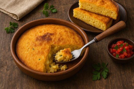 Traditional Paraguayan sopa paraguaya cornbread with tomato salsa. AI-generated.