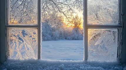 Frosty window reveals a serene winter landscape outside.