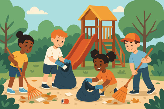 Diverse children cleaning up park playground. Kids volunteering for environmental cleanup, teamwork in nature. Community service illustration. Eco-friendly youth activity vector. Happy group.