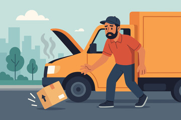 Fallen parcel delivery disaster. Stressed cartoon courier with damaged package and smoking broken down truck. Logistics accident, shipping error, engine trouble, bad work day concept.