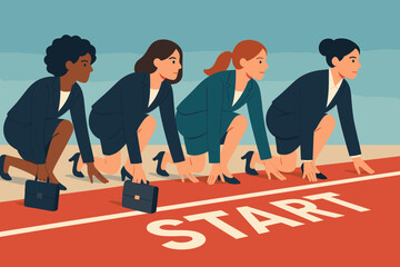 Business competition start concept. Diverse businesswomen on track ready for corporate race. Career ambition, professional challenge, new venture, equality, motivation, success goals.
