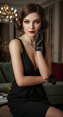 Elegant Woman In Black Dress Pearl Jewelry Indoor Portrait With Style