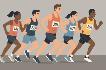 Marathon race start with diverse group of runners. Athlete competition. Sport, fitness, and exercise concept. Healthy active lifestyle. Vector illustration of people jogging. Endurance training event.